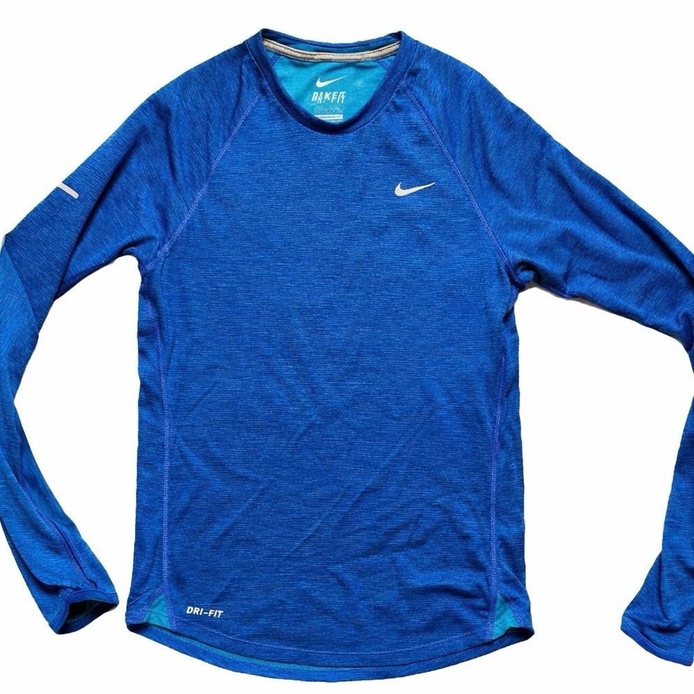 Nike‎ Dri Fit Running Shirt Mens Small Blue Wool Blend Long Sleeve Athletic